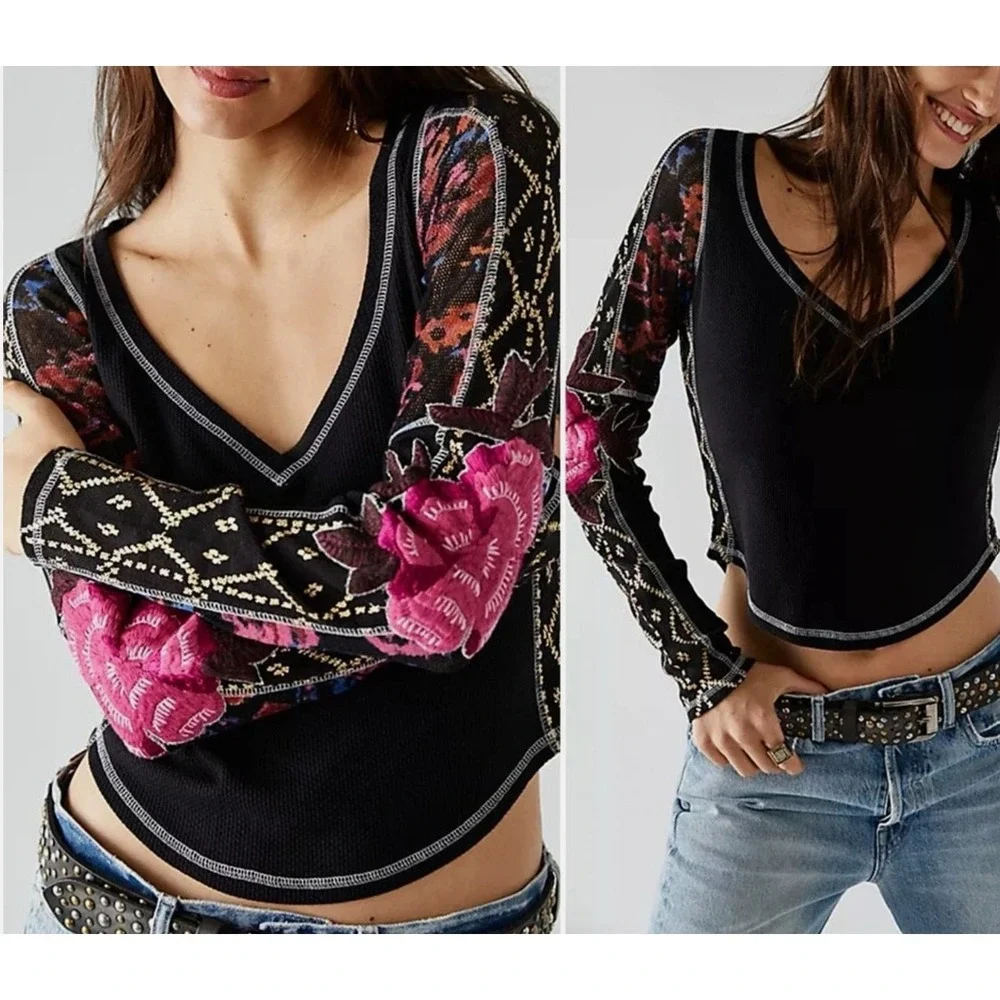 Free People Amara‎ Embroidered Sleeve Thermal V Neck Top Black Pink Floral Small